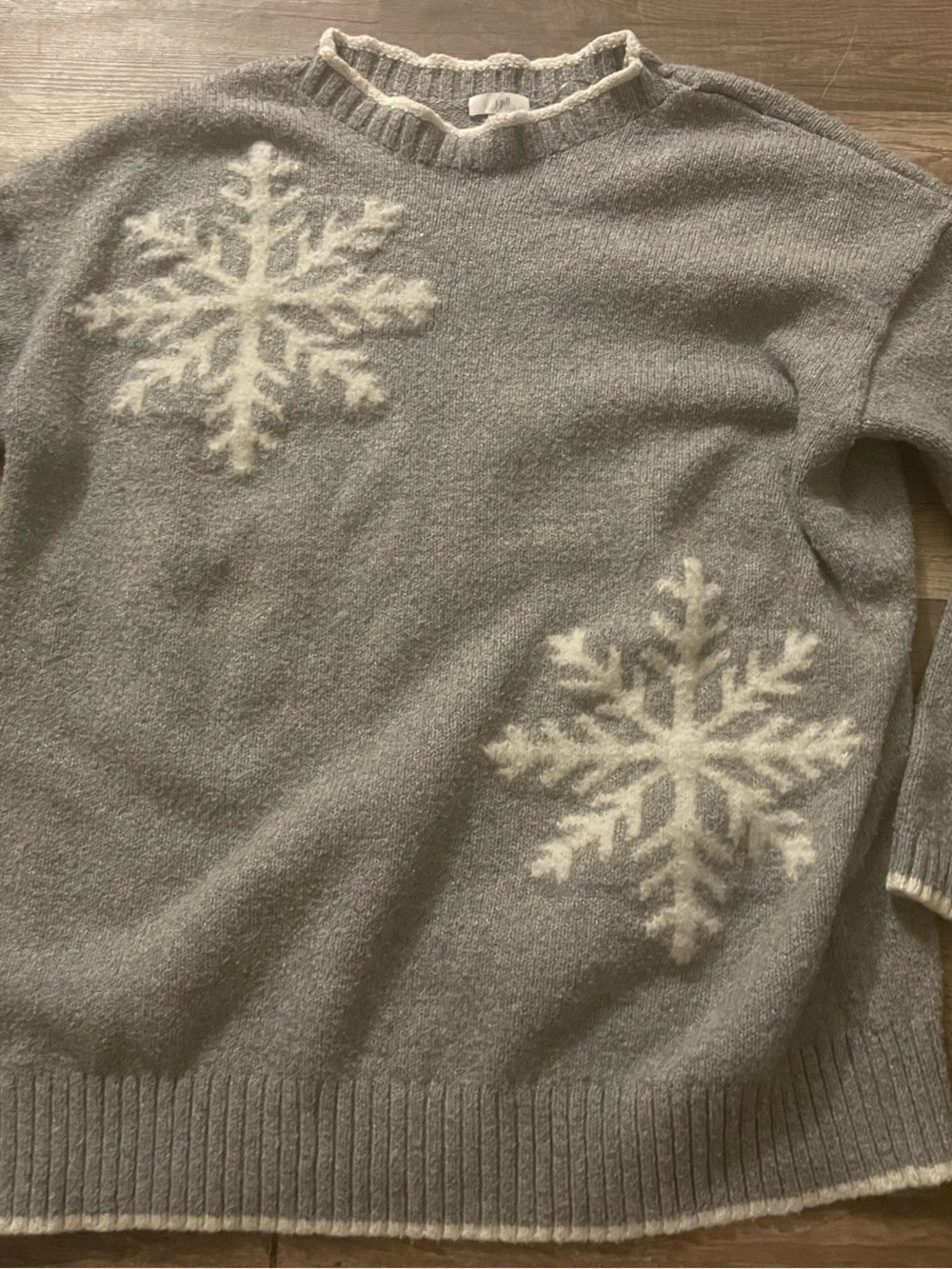 J. Jill Light Gray Crewneck Sweater with White Snowflakes